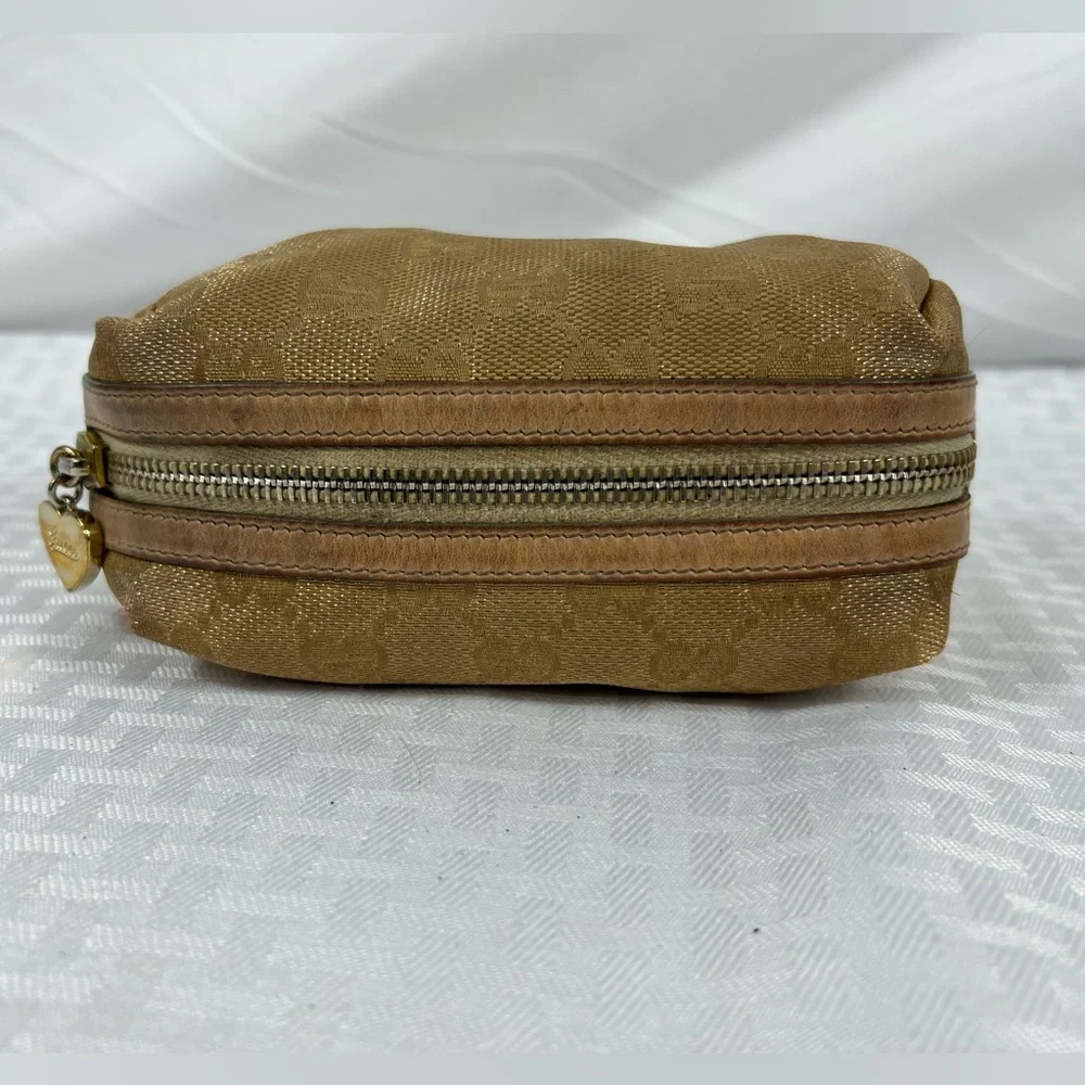 7528: Gucci GG Monogram Gold Canvas Cosmetic Pouch Heart Charm Italy